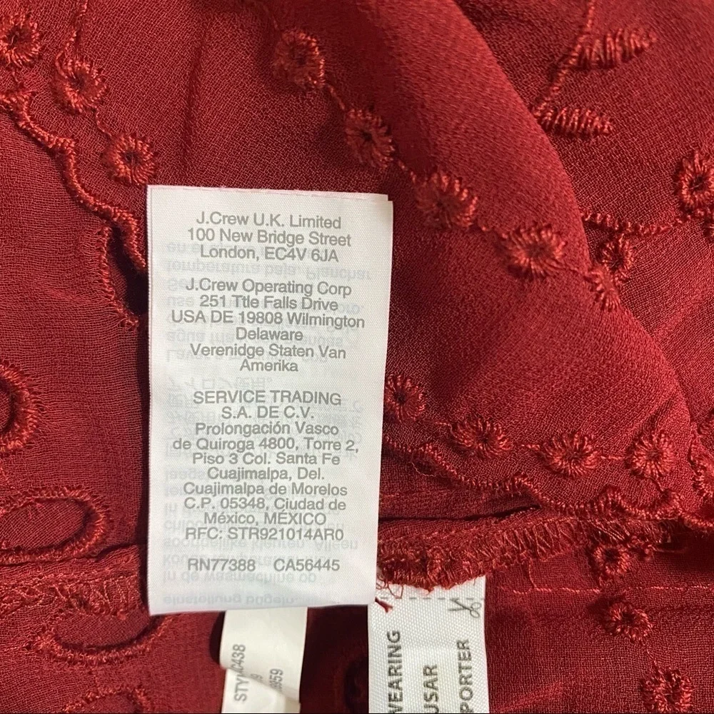 J Crew Mixed Embroidery Shirt Lace Top Red NWT XS